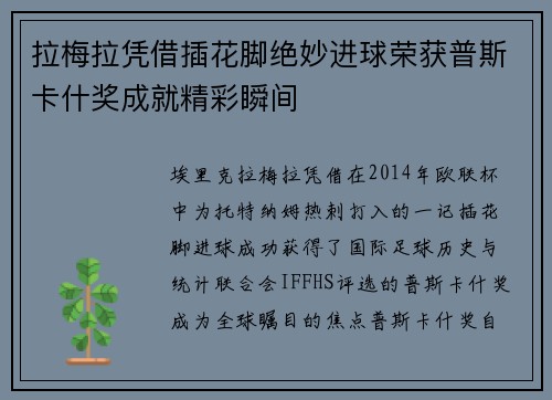 拉梅拉凭借插花脚绝妙进球荣获普斯卡什奖成就精彩瞬间